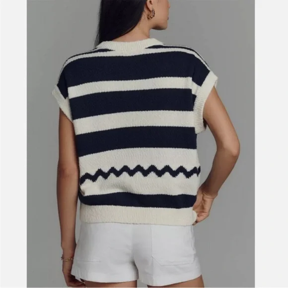 Anthropologie Maeve Crewneck Fish Motif Sweater Vest Cream Blue Large Sardine - Picture 5 of 13